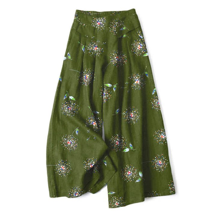 Buddha Stones Baumwoll-Leinen-Hose mit buntem Löwenzahn-Blumenmuster, elastischem Bund, weitem Bein und Taschen - Olivgrün - US16, UK/AU20, EU48 (3XL) - image 6