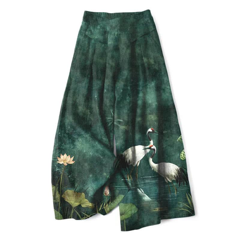 Buddha Stones Baumwoll-Leinen-Hose mit Kranich- und Lotusmuster, Damenhose mit elastischem Bund, weitem Bein und Taschen - Waldgrün - US16, UK/AU20, EU48 (3XL) - image 0