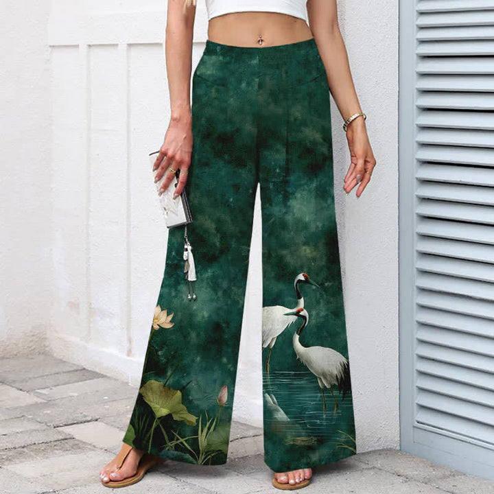 Buddha Stones Baumwoll-Leinen-Hose mit Kranich- und Lotusmuster, Damenhose mit elastischem Bund, weitem Bein und Taschen - image 1