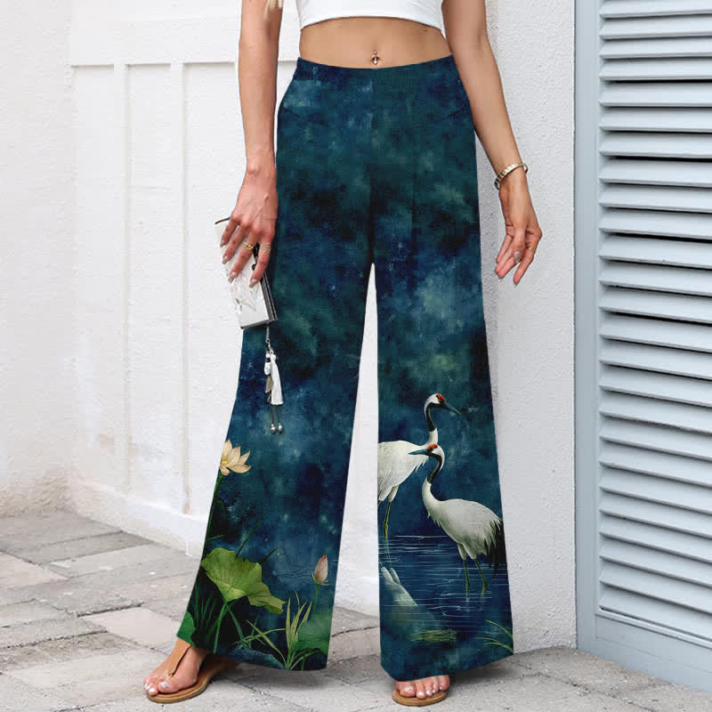 Buddha Stones Baumwoll-Leinen-Hose mit Kranich- und Lotusmuster, Damenhose mit elastischem Bund, weitem Bein und Taschen - image 5