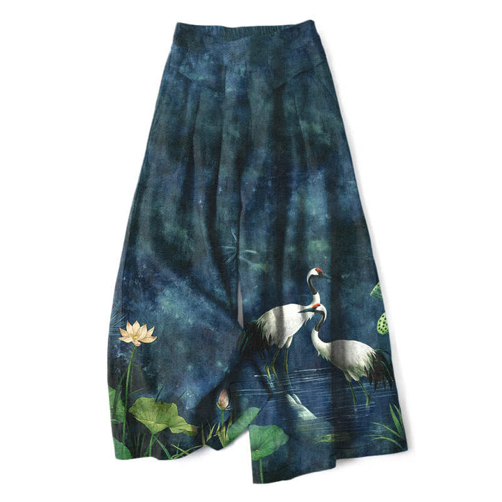 Buddha Stones Baumwoll-Leinen-Hose mit Kranich- und Lotusmuster, Damenhose mit elastischem Bund, weitem Bein und Taschen - SteelBlue - US16, UK/AU20, EU48 (3XL) - image 4