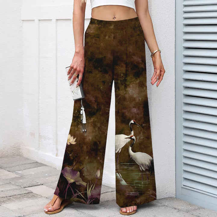 Buddha Stones Baumwoll-Leinen-Hose mit Kranich- und Lotusmuster, Damenhose mit elastischem Bund, weitem Bein und Taschen - image 7