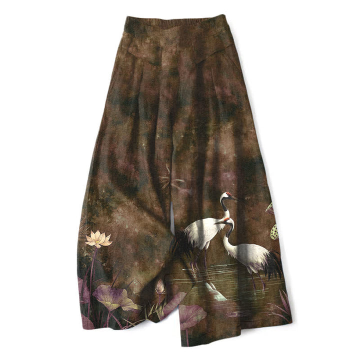 Buddha Stones Baumwoll-Leinen-Hose mit Kranich- und Lotusmuster, Damenhose mit elastischem Bund, weitem Bein und Taschen - Sattelbraun - US16, UK/AU20, EU48 (3XL) - image 6