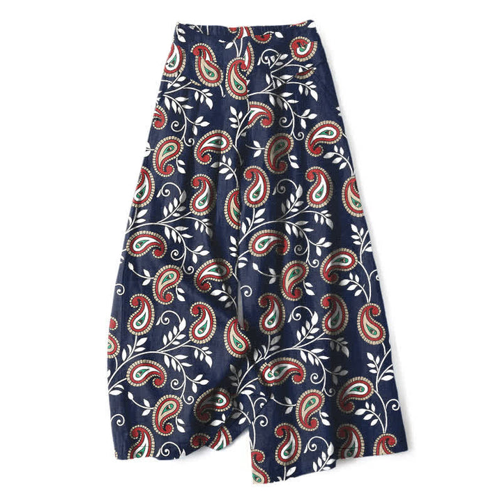 Buddha Stones Damenhose mit weitem Bein, elastischem Bund und Taschen, aus Baumwoll-Leinen-Mischgewebe im Boho-Stil mit Paisley-Muster. - Marine - US16, UK/AU20, EU48 (3XL) - image 0