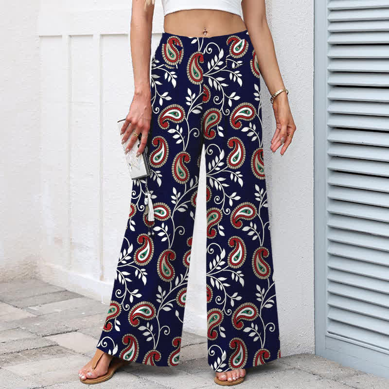 Buddha Stones Damenhose mit weitem Bein, elastischem Bund und Taschen, aus Baumwoll-Leinen-Mischgewebe im Boho-Stil mit Paisley-Muster. - image 1