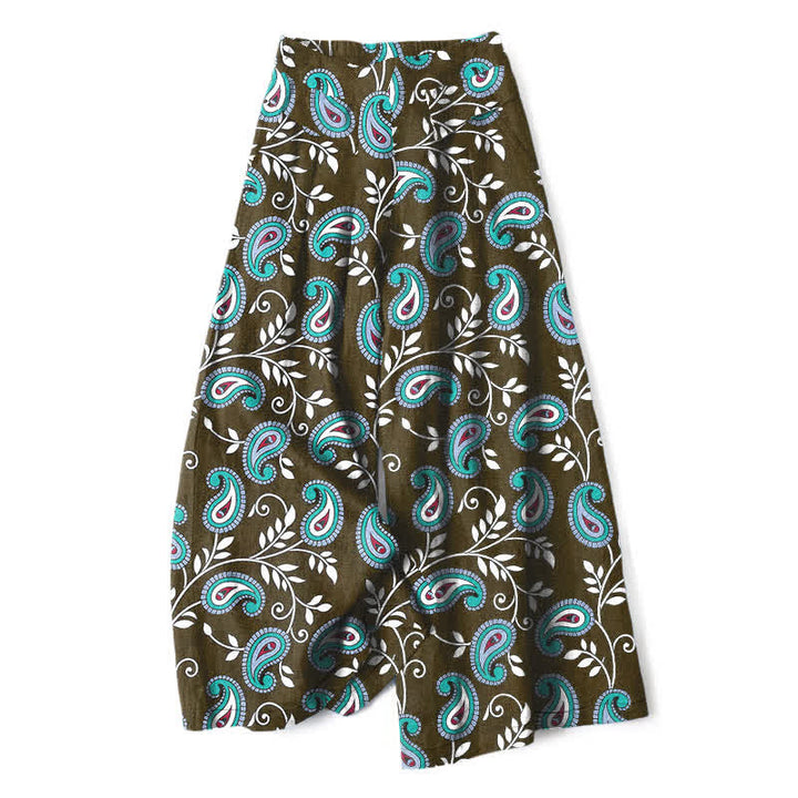 Buddha Stones Damenhose mit weitem Bein, elastischem Bund und Taschen, aus Baumwoll-Leinen-Mischgewebe im Boho-Stil mit Paisley-Muster. - Dunkelolivgrün - US16, UK/AU20, EU48 (3XL) - image 4