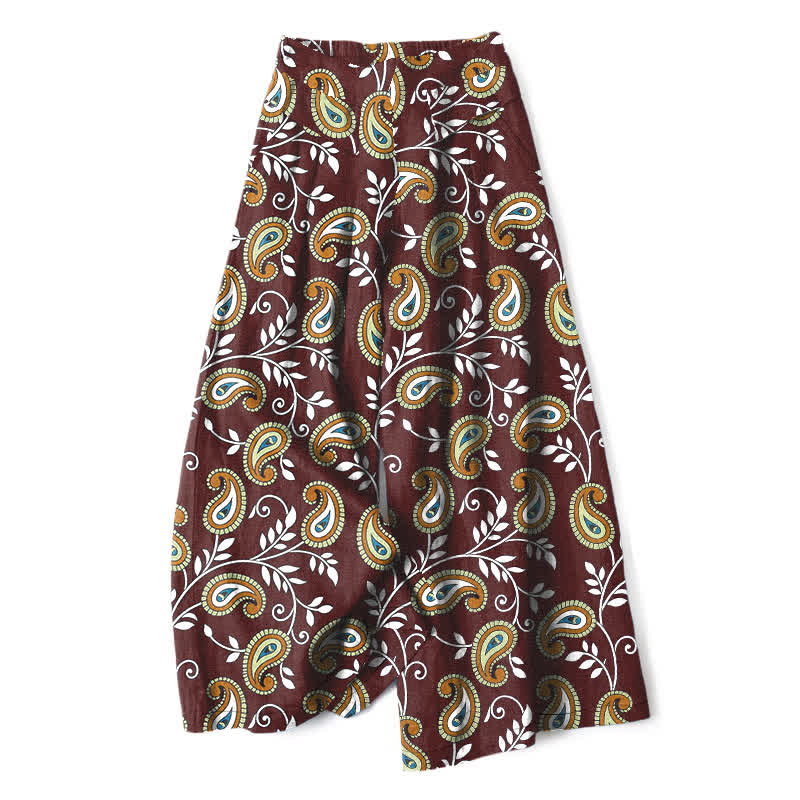 Buddha Stones Damenhose mit weitem Bein, elastischem Bund und Taschen, aus Baumwoll-Leinen-Mischgewebe im Boho-Stil mit Paisley-Muster. - Kastanienbraun - US16, UK/AU20, EU48 (3XL) - image 6