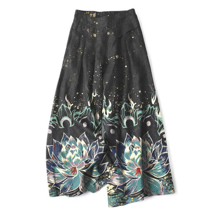 Buddha Stones Baumwoll-Leinen-Hose mit Lotusblütenmuster, elastischem Bund, weitem Bein und Taschen - Schwarz - US16, UK/AU20, EU48 (3XL) - image 0