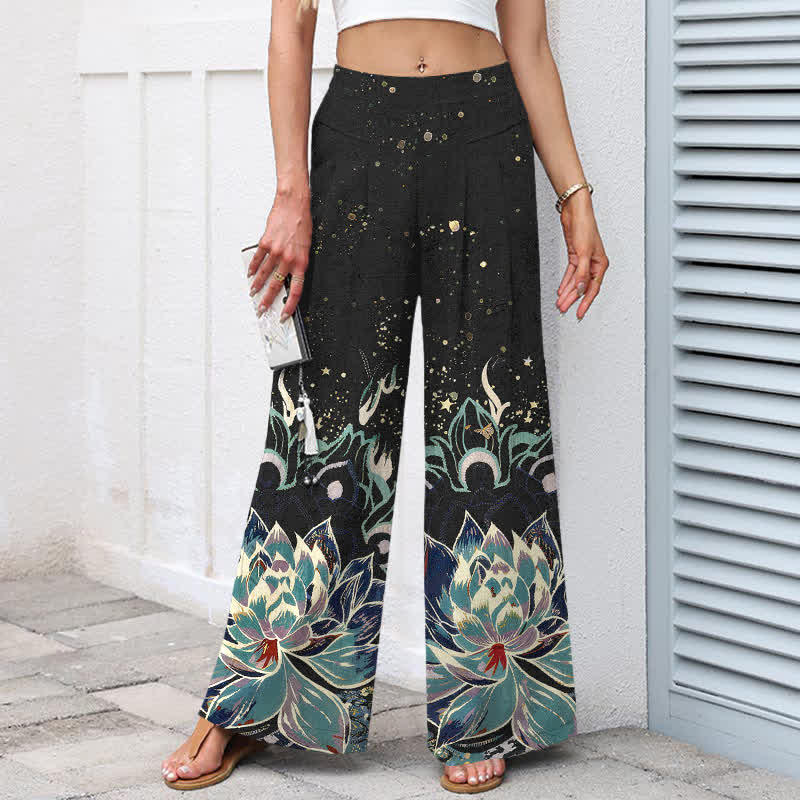 Buddha Stones Baumwoll-Leinen-Hose mit Lotusblütenmuster, elastischem Bund, weitem Bein und Taschen - image 1