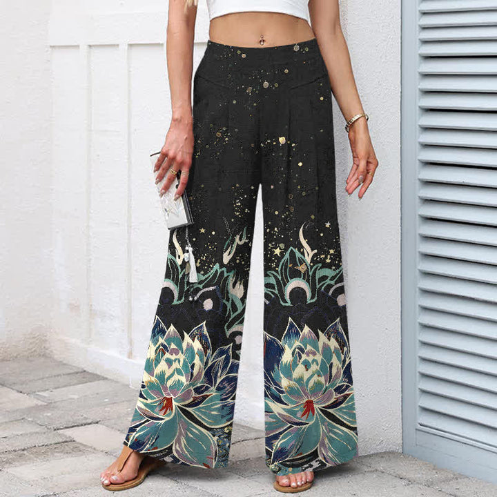 Buddha Stones Baumwoll-Leinen-Hose mit Lotusblütenmuster, elastischem Bund, weitem Bein und Taschen - image 1