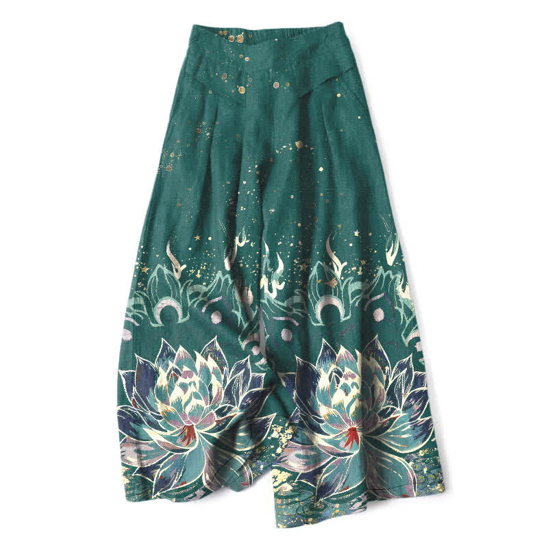 Buddha Stones Baumwoll-Leinen-Hose mit Lotusblütenmuster, elastischem Bund, weitem Bein und Taschen - Türkis - US16, UK/AU20, EU48 (3XL) - image 4