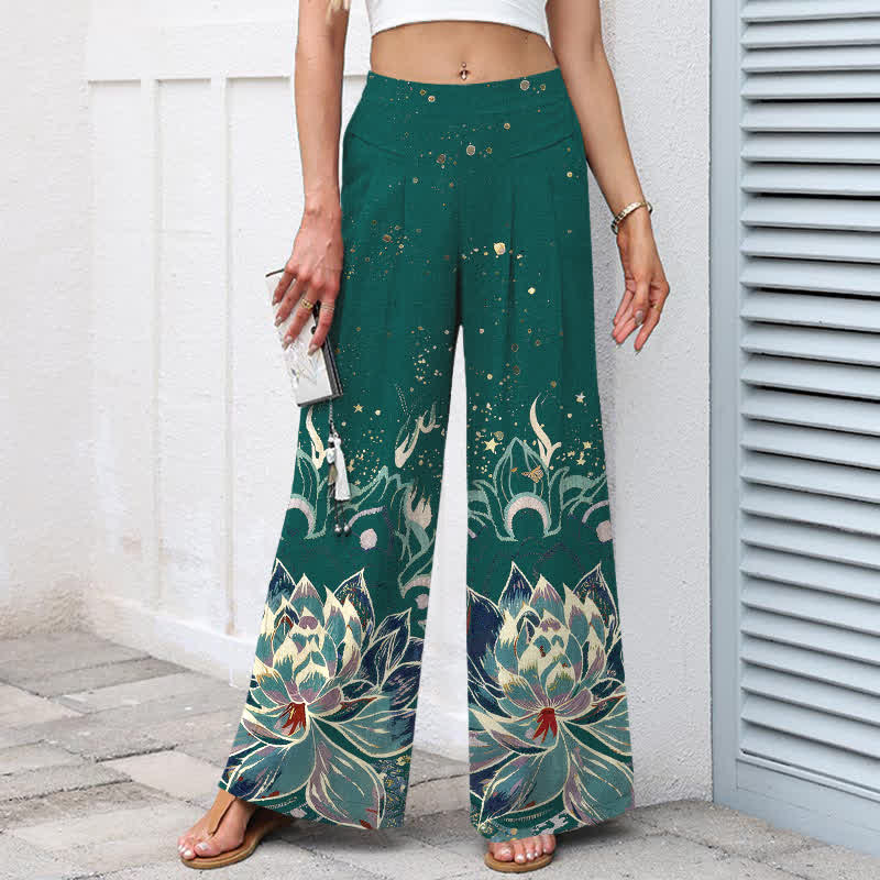 Buddha Stones Baumwoll-Leinen-Hose mit Lotusblütenmuster, elastischem Bund, weitem Bein und Taschen - image 5