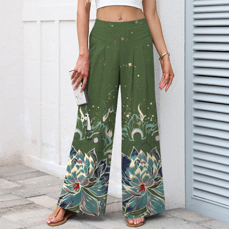 Buddha Stones Baumwoll-Leinen-Hose mit Lotusblütenmuster, elastischem Bund, weitem Bein und Taschen - image 7