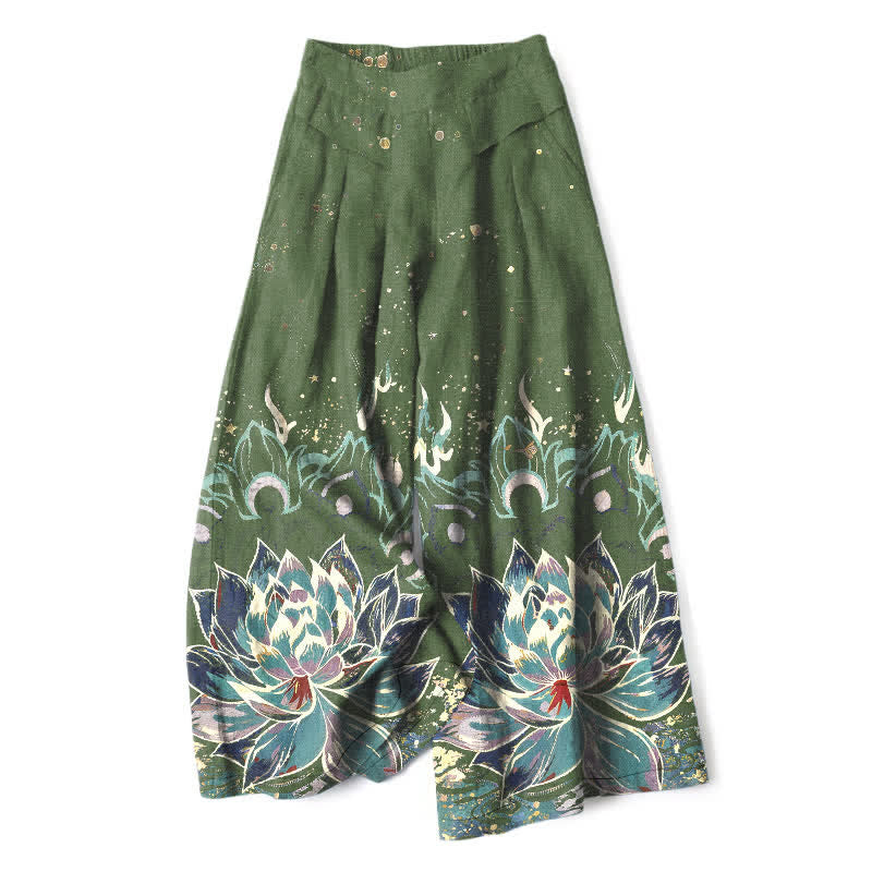 Buddha Stones Baumwoll-Leinen-Hose mit Lotusblütenmuster, elastischem Bund, weitem Bein und Taschen - Olivgrün - US16, UK/AU20, EU48 (3XL) - image 6
