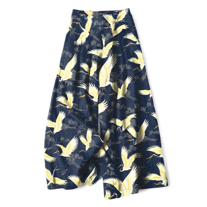 Buddha Stones Baumwoll-Leinen-Hose mit goldenem Kranichmuster, elastischem Bund, weitem Bein und Taschen - Marine - US16, UK/AU20, EU48 (3XL) - image 0