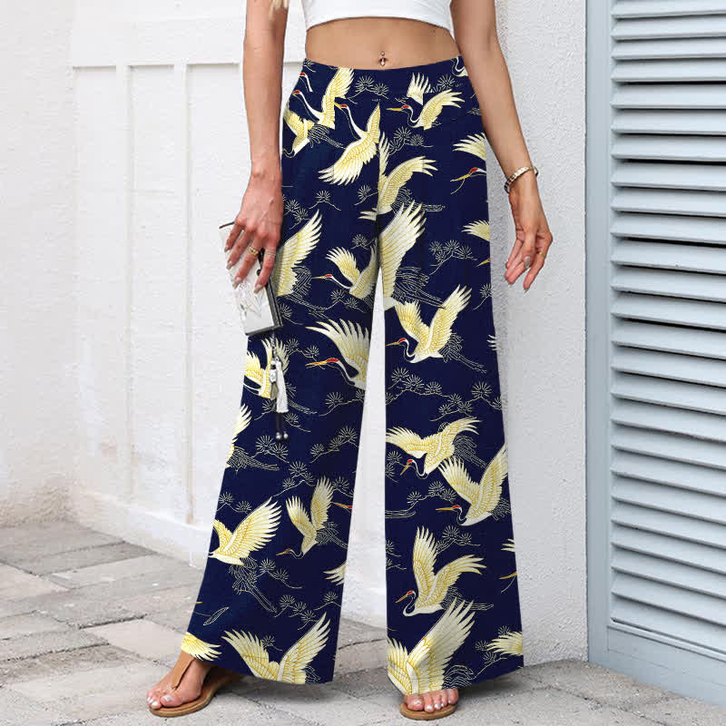 Buddha Stones Baumwoll-Leinen-Hose mit goldenem Kranichmuster, elastischem Bund, weitem Bein und Taschen - image 1