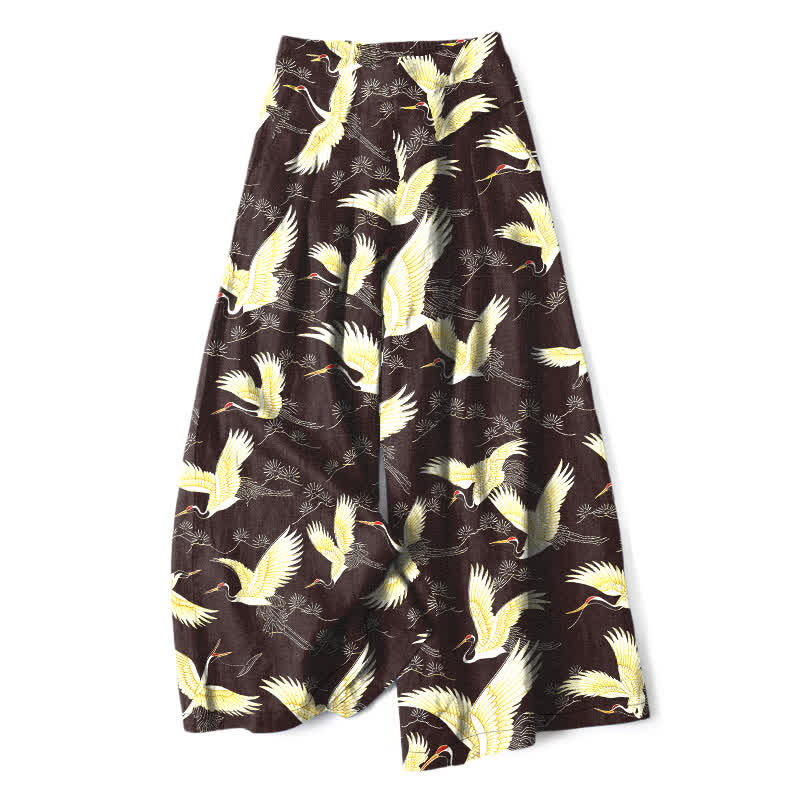 Buddha Stones Baumwoll-Leinen-Hose mit goldenem Kranichmuster, elastischem Bund, weitem Bein und Taschen - Sattelbraun - US16, UK/AU20, EU48 (3XL) - image 4