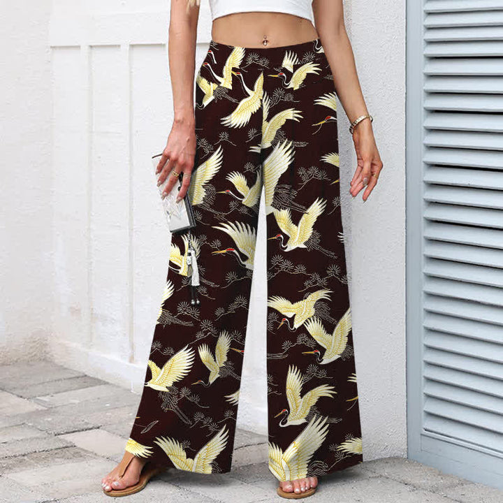 Buddha Stones Baumwoll-Leinen-Hose mit goldenem Kranichmuster, elastischem Bund, weitem Bein und Taschen - image 5