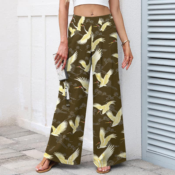 Buddha Stones Baumwoll-Leinen-Hose mit goldenem Kranichmuster, elastischem Bund, weitem Bein und Taschen - image 7