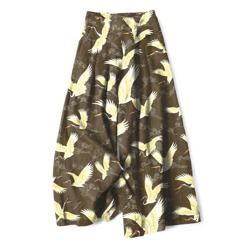 Buddha Stones Baumwoll-Leinen-Hose mit goldenem Kranichmuster, elastischem Bund, weitem Bein und Taschen - Dunkelkhaki - US16, UK/AU20, EU48 (3XL) - image 6
