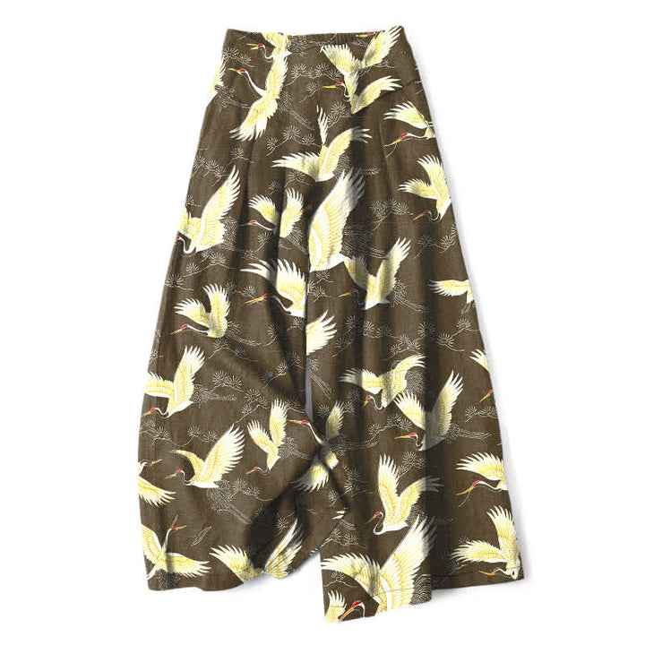 Buddha Stones Baumwoll-Leinen-Hose mit goldenem Kranichmuster, elastischem Bund, weitem Bein und Taschen - Dunkelkhaki - US16, UK/AU20, EU48 (3XL) - image 6