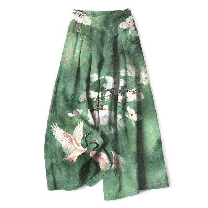 Buddha Stones Baumwoll-Leinen-Hose mit Kranich- und Blumenmuster, weißem Stoff, elastischem Bund, weitem Bein und Taschen - SeaGreen - US16, UK/AU20, EU48 (3XL) - image 0
