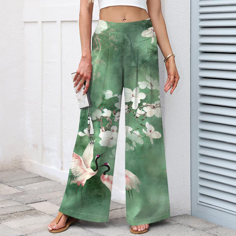 Buddha Stones Baumwoll-Leinen-Hose mit Kranich- und Blumenmuster, weißem Stoff, elastischem Bund, weitem Bein und Taschen - image 1