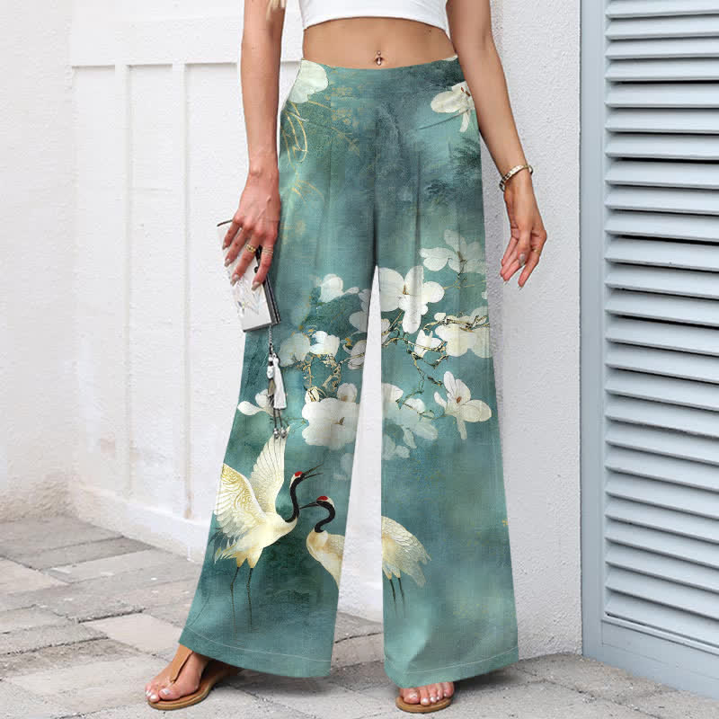 Buddha Stones Baumwoll-Leinen-Hose mit Kranich- und Blumenmuster, weißem Stoff, elastischem Bund, weitem Bein und Taschen - image 5
