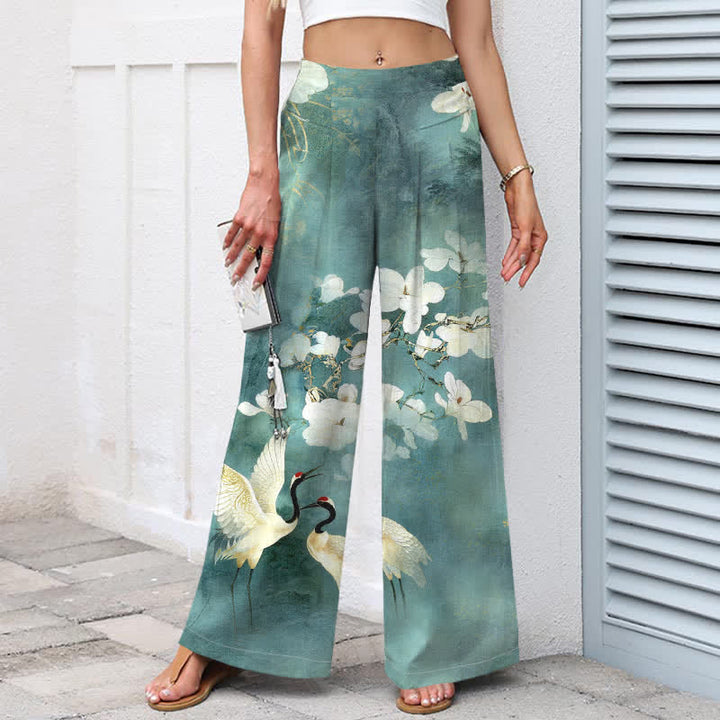 Buddha Stones Baumwoll-Leinen-Hose mit Kranich- und Blumenmuster, weißem Stoff, elastischem Bund, weitem Bein und Taschen - image 5