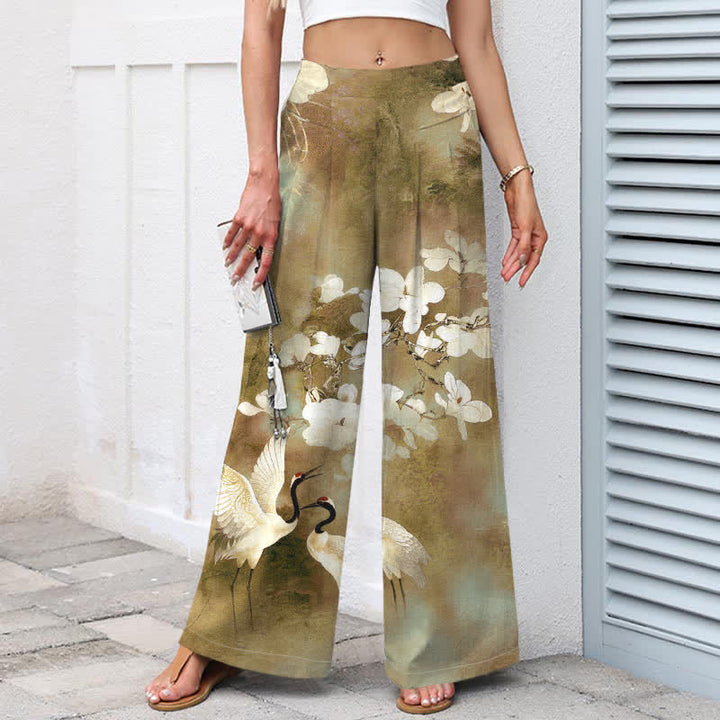 Buddha Stones Baumwoll-Leinen-Hose mit Kranich- und Blumenmuster, weißem Stoff, elastischem Bund, weitem Bein und Taschen - image 7