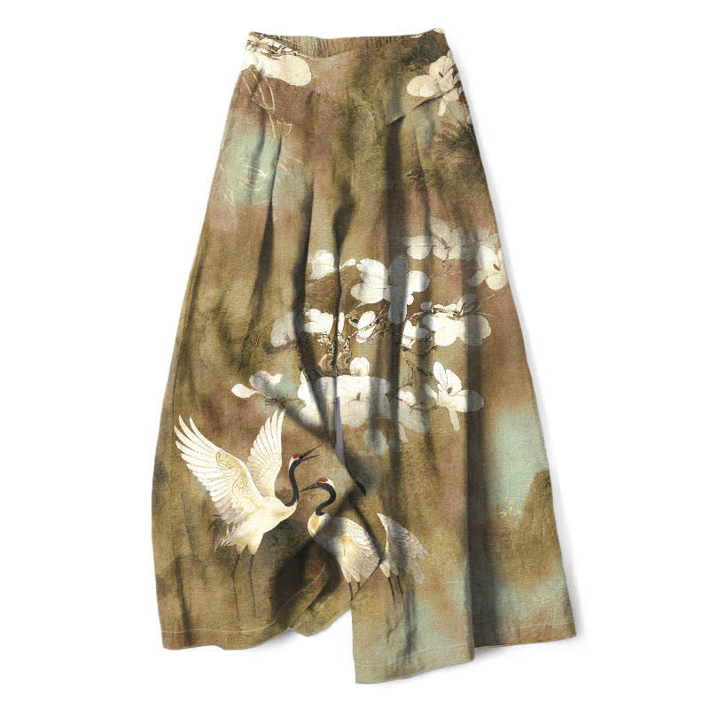 Buddha Stones Baumwoll-Leinen-Hose mit Kranich- und Blumenmuster, weißem Stoff, elastischem Bund, weitem Bein und Taschen - Dunkelkhaki - US16, UK/AU20, EU48 (3XL) - image 6