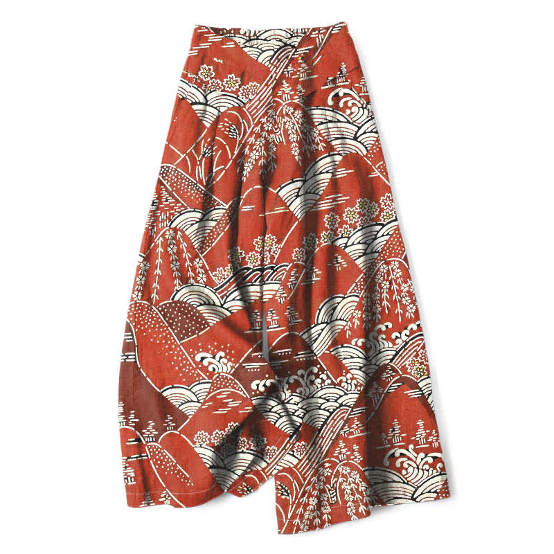 Buddha Stones Damenhose aus Baumwoll-Leinen-Mischgewebe mit japanischem Wellenmuster, elastischem Bund, weitem Bein und Taschen - IndianRed - US16, UK/AU20, EU48 (3XL) - image 0
