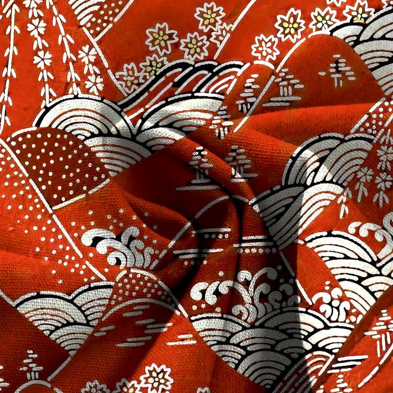 Buddha Stones Damenhose aus Baumwoll-Leinen-Mischgewebe mit japanischem Wellenmuster, elastischem Bund, weitem Bein und Taschen - image 3