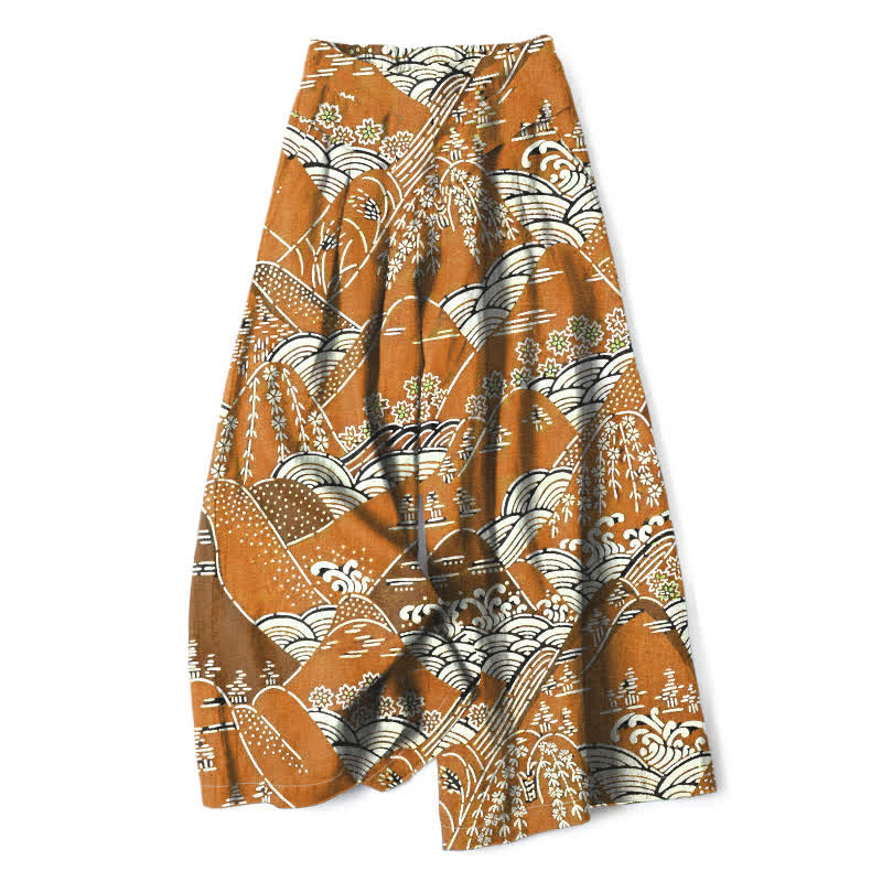 Buddha Stones Damenhose aus Baumwoll-Leinen-Mischgewebe mit japanischem Wellenmuster, elastischem Bund, weitem Bein und Taschen - Goldrute - US16, UK/AU20, EU48 (3XL) - image 4
