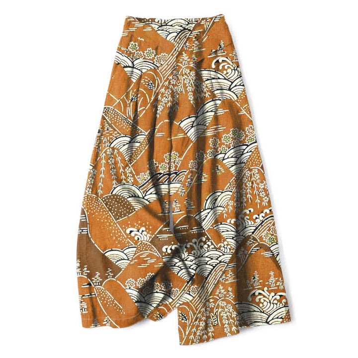 Buddha Stones Damenhose aus Baumwoll-Leinen-Mischgewebe mit japanischem Wellenmuster, elastischem Bund, weitem Bein und Taschen - Goldrute - US16, UK/AU20, EU48 (3XL) - image 4