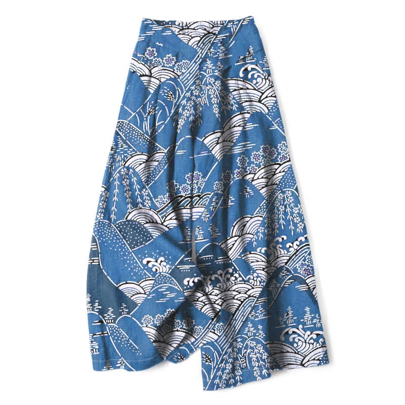Buddha Stones Damenhose aus Baumwoll-Leinen-Mischgewebe mit japanischem Wellenmuster, elastischem Bund, weitem Bein und Taschen - Kornblumenblau - US16, UK/AU20, EU48 (3XL) - image 6