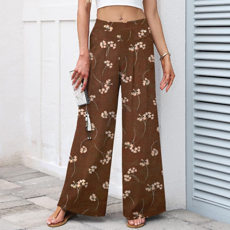 Buddha Stones Damenhose aus Baumwoll-Leinen-Mischgewebe mit floralem Bouquet-Muster, elastischem Bund, weitem Bein und Taschen - image 1