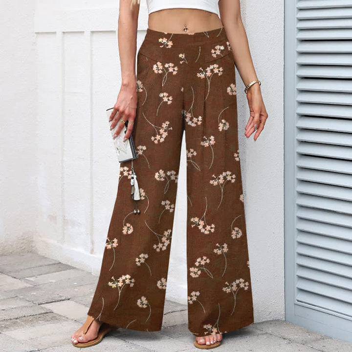 Buddha Stones Damenhose aus Baumwoll-Leinen-Mischgewebe mit floralem Bouquet-Muster, elastischem Bund, weitem Bein und Taschen - image 1