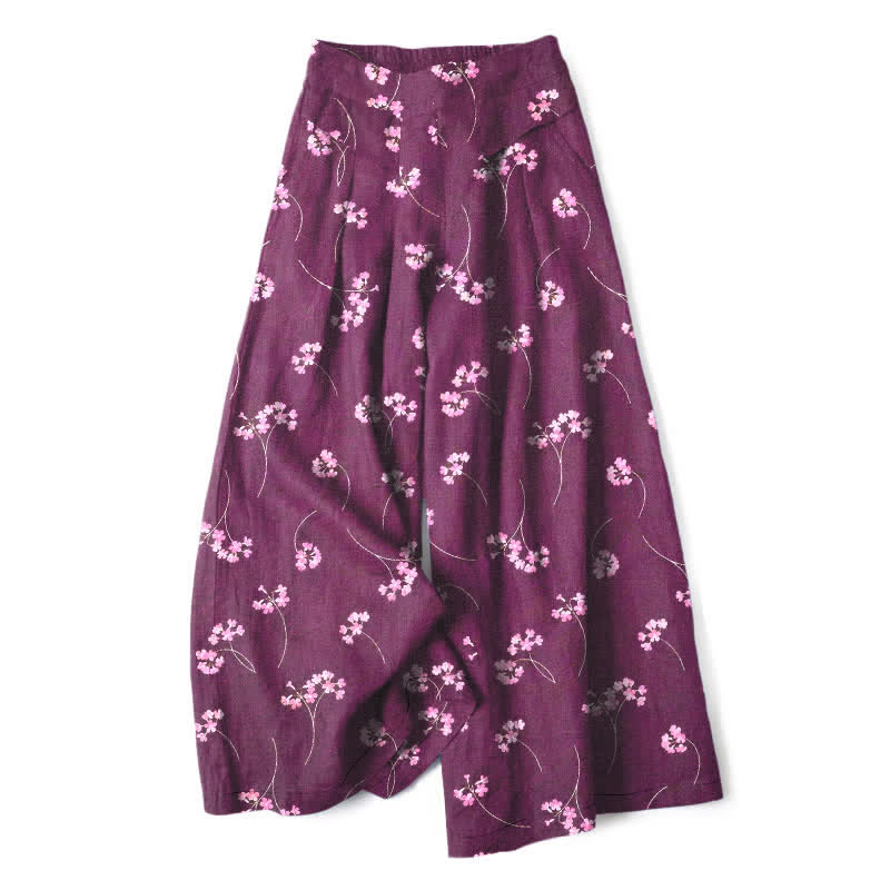 Buddha Stones Damenhose aus Baumwoll-Leinen-Mischgewebe mit floralem Bouquet-Muster, elastischem Bund, weitem Bein und Taschen - Lila - US16, UK/AU20, EU48 (3XL) - image 4