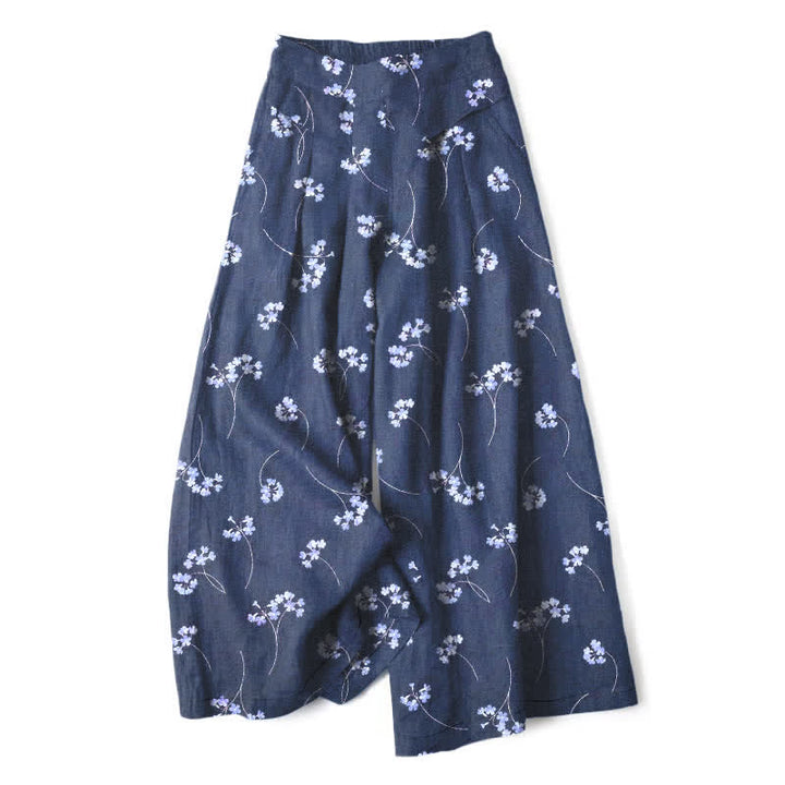 Buddha Stones Damenhose aus Baumwoll-Leinen-Mischgewebe mit floralem Bouquet-Muster, elastischem Bund, weitem Bein und Taschen - SteelBlue - US16, UK/AU20, EU48 (3XL) - image 6
