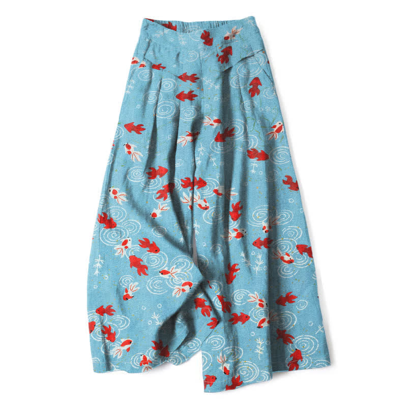 Buddha Stones Damenhose mit Koi-Fischmuster aus Baumwoll-Leinen-Mischgewebe, elastischem Bund, weitem Bein und Taschen - Hellblau - US16, UK/AU20, EU48 (3XL) - image 0