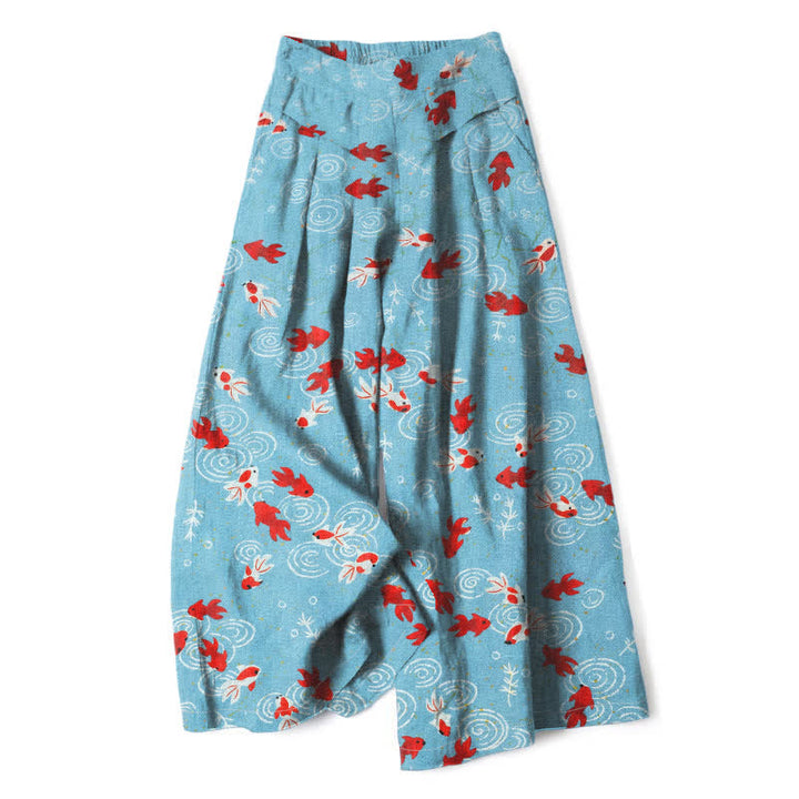 Buddha Stones Damenhose mit Koi-Fischmuster aus Baumwoll-Leinen-Mischgewebe, elastischem Bund, weitem Bein und Taschen - Hellblau - US16, UK/AU20, EU48 (3XL) - image 0