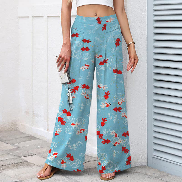 Buddha Stones Damenhose mit Koi-Fischmuster aus Baumwoll-Leinen-Mischgewebe, elastischem Bund, weitem Bein und Taschen - image 1