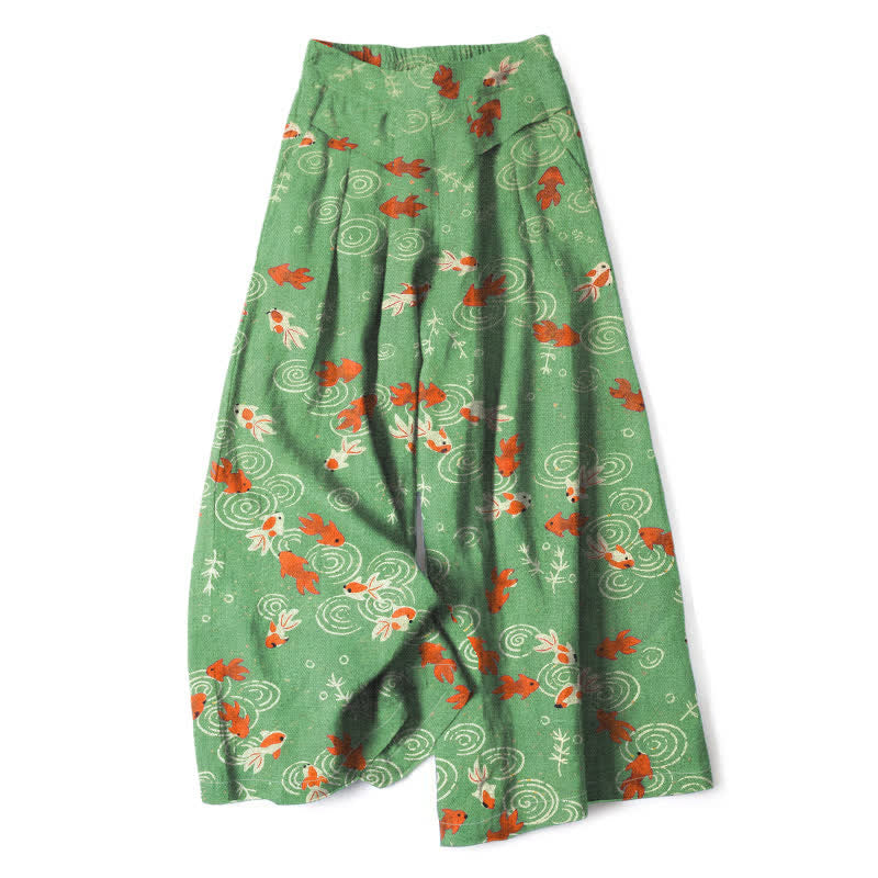 Buddha Stones Damenhose mit Koi-Fischmuster aus Baumwoll-Leinen-Mischgewebe, elastischem Bund, weitem Bein und Taschen - Limettengrün - US16, UK/AU20, EU48 (3XL) - image 4