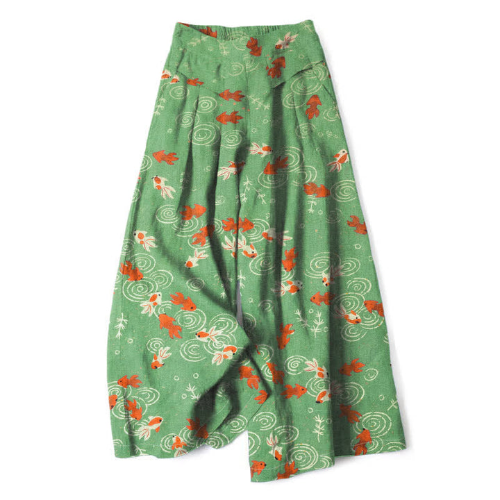Buddha Stones Damenhose mit Koi-Fischmuster aus Baumwoll-Leinen-Mischgewebe, elastischem Bund, weitem Bein und Taschen - Limettengrün - US16, UK/AU20, EU48 (3XL) - image 4