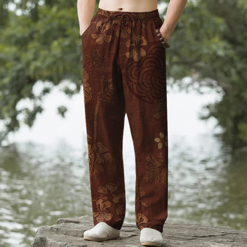 Buddha Stones Herrenhose aus Baumwolle mit Vintage-Blumenmuster, schmal zulaufendem Schnitt und Taschen - Sattelbraun - US/ UK/AU50, EU60 (5XL) - image 0