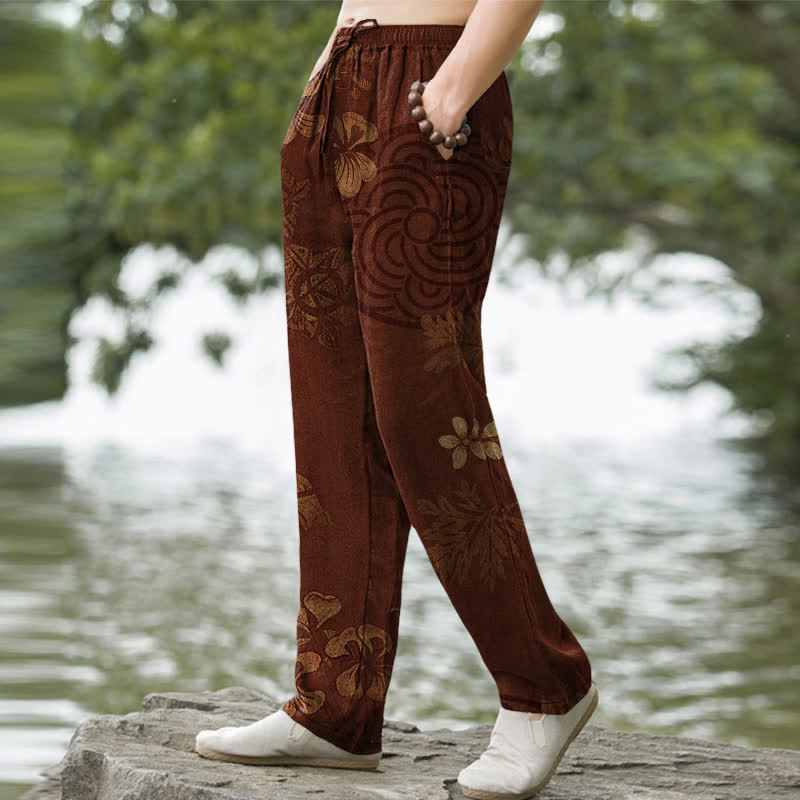 Buddha Stones Herrenhose aus Baumwolle mit Vintage-Blumenmuster, schmal zulaufendem Schnitt und Taschen - image 1