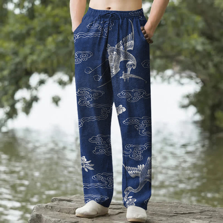 Buddha Stones Weiße Baumwollhose für Herren mit Kranich- und Wolkenmuster, schmal zulaufend und mit Taschen - Marine - US/ UK/AU50, EU60 (5XL) - image 0