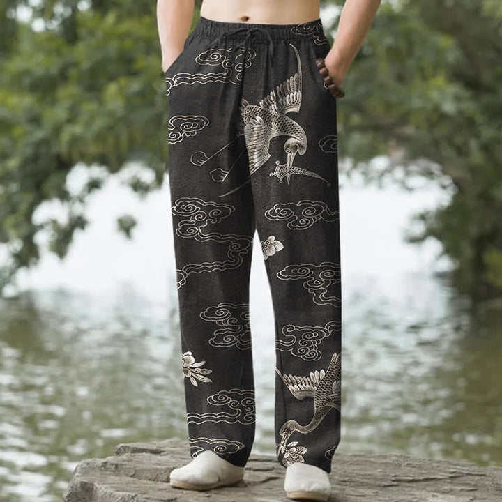 Buddha Stones Weiße Baumwollhose für Herren mit Kranich- und Wolkenmuster, schmal zulaufend und mit Taschen - Schwarz - US/ UK/AU50, EU60 (5XL) - image 4