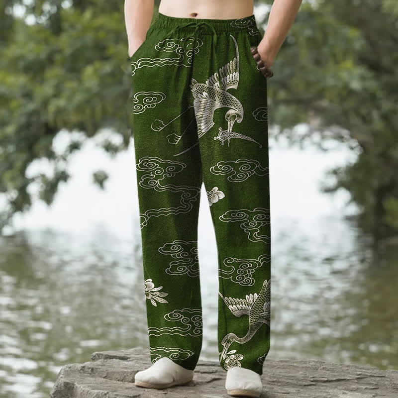 Buddha Stones Weiße Baumwollhose für Herren mit Kranich- und Wolkenmuster, schmal zulaufend und mit Taschen - Dunkelolivgrün - US/ UK/AU50, EU60 (5XL) - image 6